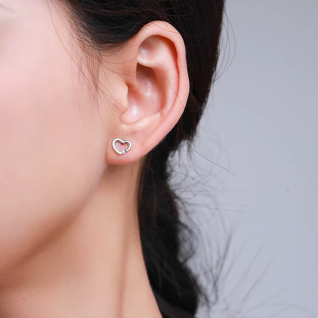 Open Heart Stud Earrings With Crystal Crystal Silver Tone