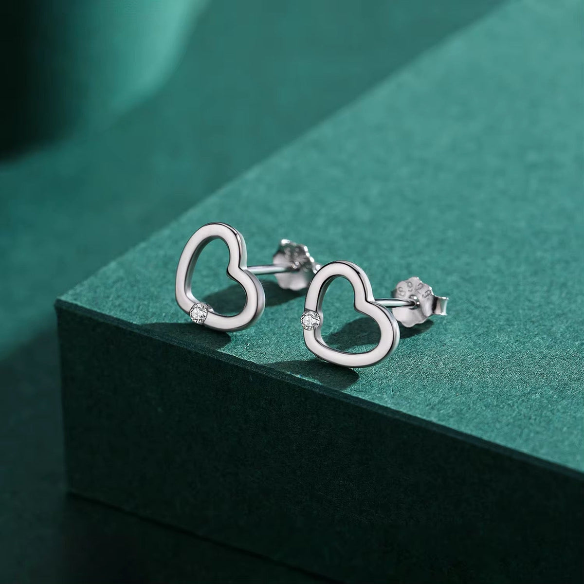 Open Heart Stud Earrings With Crystal Crystal Silver Tone