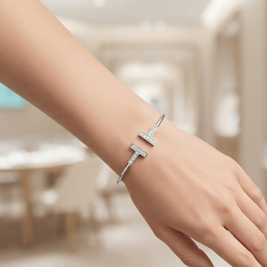 T Wire Bracelet Silver Tone Bangle With Crystal