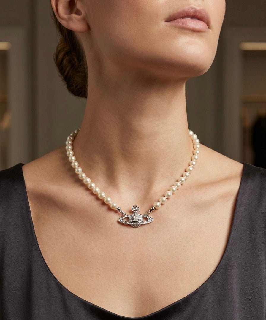 Pearl Necklace Saturn Crystal Pendant
