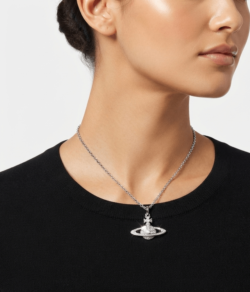 Saturn Planet Necklace In Silver Tone With Crystal